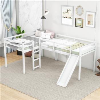 L-Shaped Twin Size Loft Bed with Ladder and Slide, White