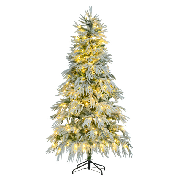 6FT Pre-Lit Spruce Snow Flocked Christmas Tree, Artificial Hinged Xmas Tree with 300 Multi-Color LED Lights, 8 Flashing Modes &790 Snow Branch Tips, Holiday Office Home Décor 