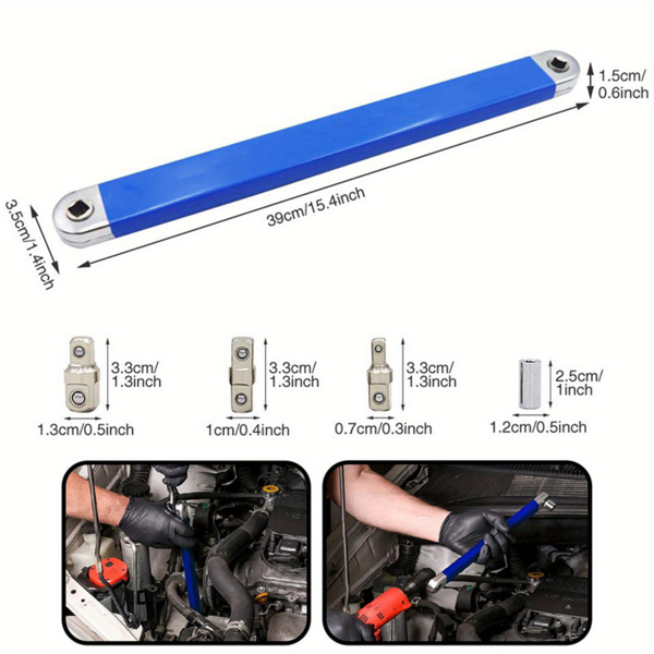 2pcs Offset Extension Wrench - 15-Inch Impact-Ready Socket Wrench Tool with Square Drive Adapters (1/4", 3/8", 1/2")