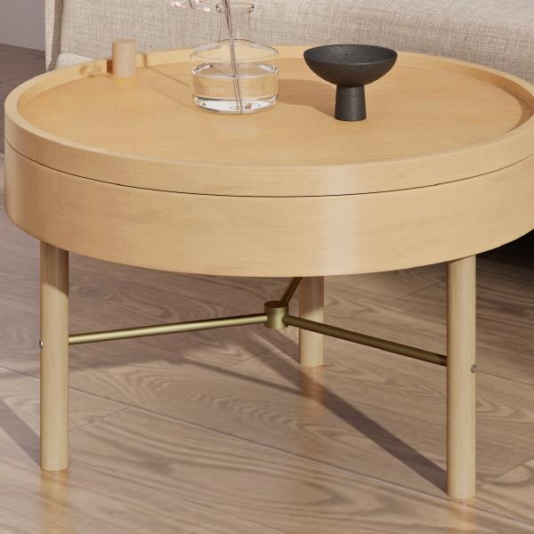 Modern Round Wood Rotating Tray Coffee Table with Storage & Metal Legs in Natural