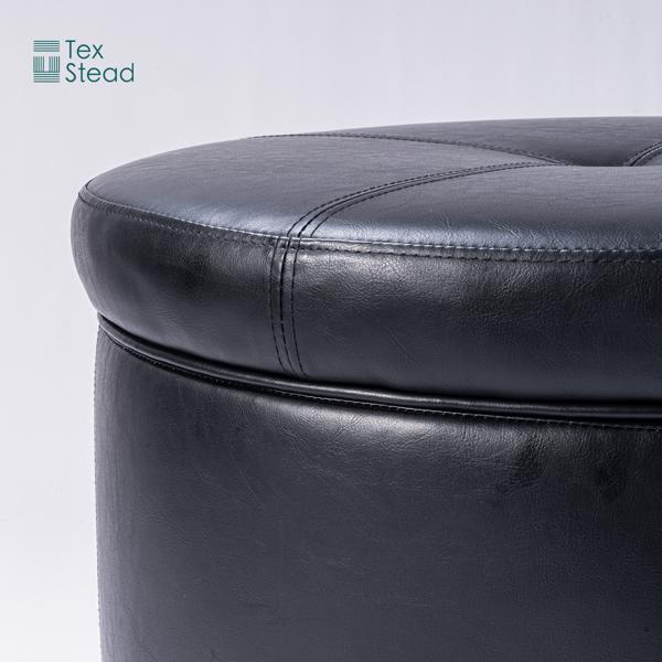 Round Leather Storage Ottoman Footstool with Wood-Based Panel - Hardwood Upholstered Footrest with Lid for Living Room and Bedroom Use