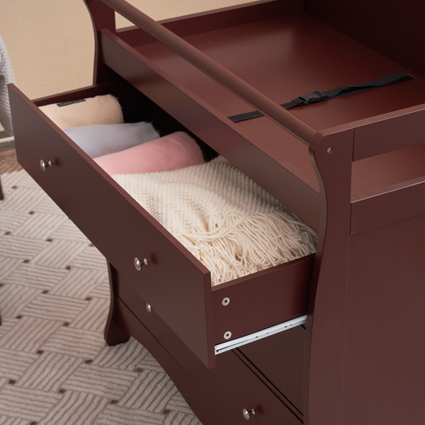 【Old Code:62594198】90*58*99cm Three Drawers With Seat Belt Baby Wooden Bed Nursing Table Brown