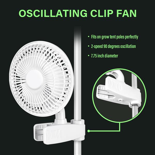 6-Inch Grow Tent Poles Clip Fan, Monkey Fan, Manually Adjustable 90° Angles, 15W, 2-Speeds Control, 63 inch Cord Length, White