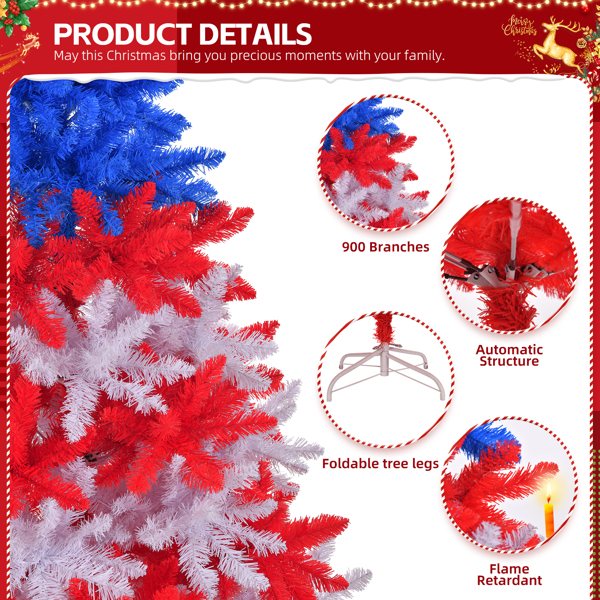 6 FT Patriotic Artificial Christmas Tree, Hinged Tree 4th of July Patriotic Decorations with 900 Branch Tips and Sturdy Metal Stand, Red & White & Blue