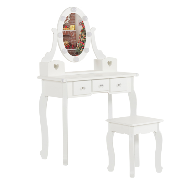 FCH Kids Vanity Set with Mirror and Lights and Stool, 5 Storage Drawers, Pretend Play Princess Makeup Desk Dressing Table and Stool Set for Little Girls Age 3+, Macaroon White