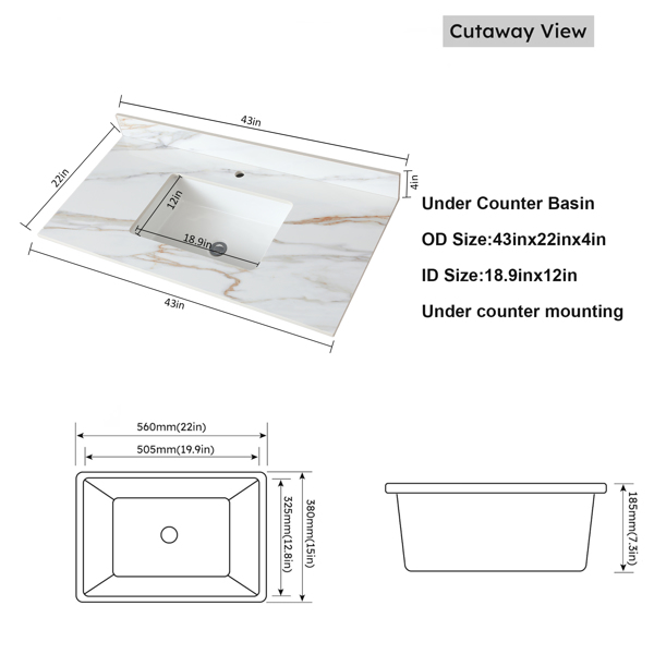 43 Inch Marble Vanity Top, Bathroom Vanity Top with Undermount Rectangular Middle Sink and 4" Height Backsplash, Pre-Drilled Faucet Hole Vanity Top, Single Hole