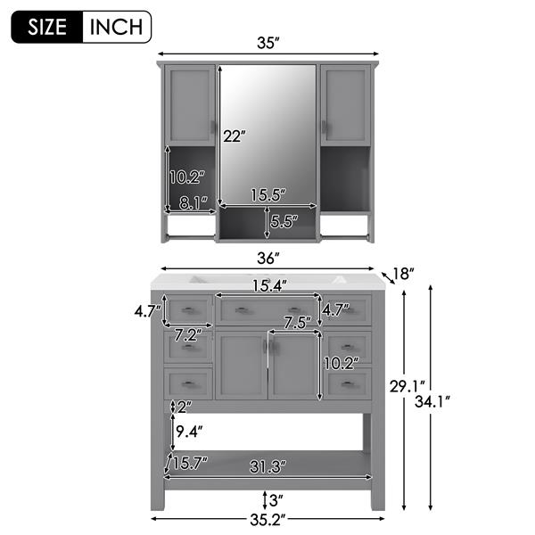 36'' Bathroom Vanity with Top Sink, Modern Mirror Cabinet with Towels Bar, Bathroom Storage Cabinet with 2 Soft Closing Doors and 6 Drawers, Single Sink Bathroom Vanity