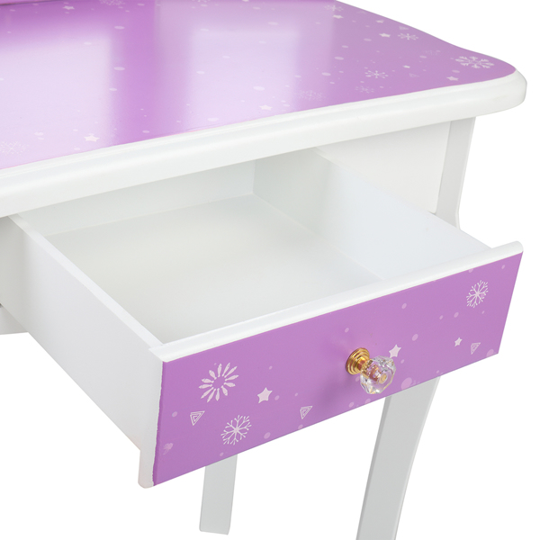 Children's Wooden Dressing Table Three-Sided Folding Mirror Dressing Table  Chair Single Drawer Purple   Snowflake Style