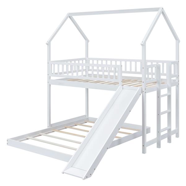 Twin over Full House Bunk Bed with Slide and Built-in Ladder, Full-Length Guardrail, White