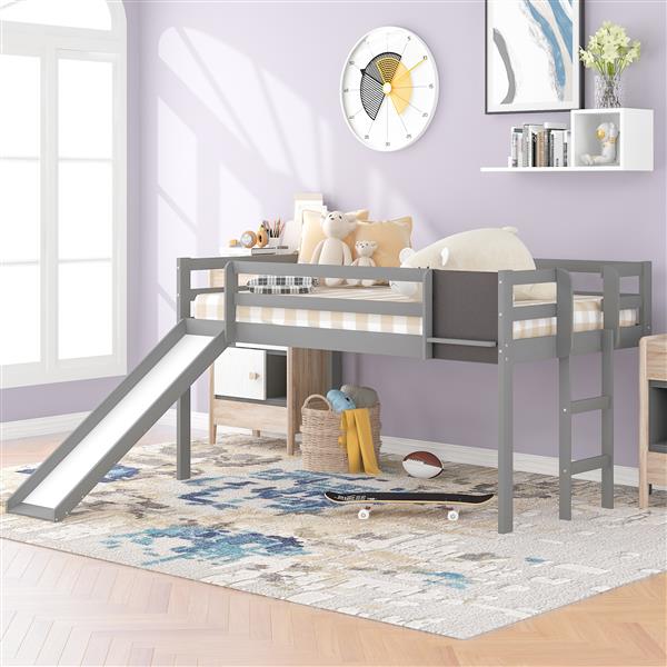 Twin size Loft Bed Wood Bed with Slide, Stair and Chalkboard,Gray