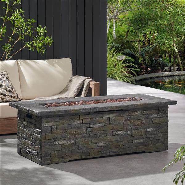 Outdoor Patio Concrete Fire table, Rectangle Gas Burning 56-Inch Fire Pit - 50, 000 BTU, Stone Pattern Fire Table, Grey