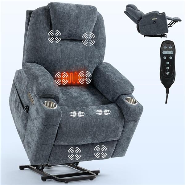 Up to 350 LBS Chenille Power Lift Recliner Chair, Heavy Duty Motion Mechanism with 8-Point Vibration Massage and Lumbar Heating, USB and Type-C Ports, Stainless Steel Cup Holders, Blue