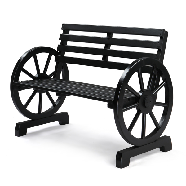 Rustic 2-Person Wooden Wagon Wheel Bench with Slatted Seat and Backrest, Black