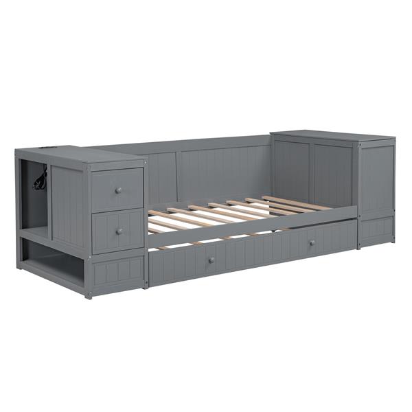 Twin Size Daybed with Storage Arms, Trundle and Charging Station, Gray