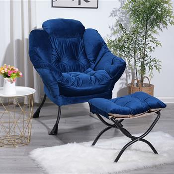 Living Room Chairs Modern Cotton Fabric Lazy Chair, Contemporary Lounge Chair, Single Steel Frame Leisure Sofa Chair with Armrests and A Side Pocket (Blue) ,with ottoman ,with footrest