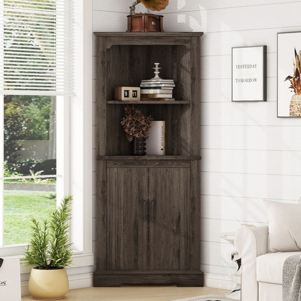 Tall Corner Cabinet with Doors for living room, bathroom,Dining Room or Kitchen,color:Dark walnut 