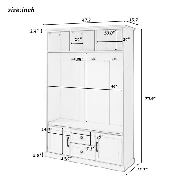 Hall Tree with 3 Hooks , Coat Hanger, Entryway Bench, Storage Bench, 3-in-1 Design, 47.2INCH, for Entrance, Hallway (White)