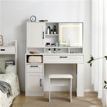 Vanity table with large sliding lighted mirror, dressing table with 2 drawers, storage shelves and upholstered stool, white color