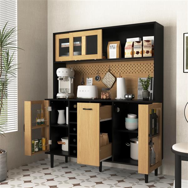 59" H Buffet Sideboard Cabinet with Storage Door & Power Outlet, Farmhouse Coffee Bar Cabinet with Wine Rack, Kitchen Pantry Living Room Black&Natural