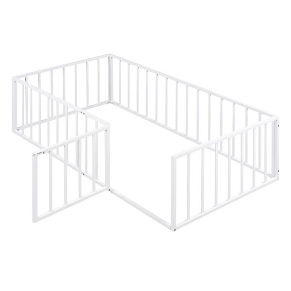 Twin Size Metal Floor Bed Frame with Fence and Door, White