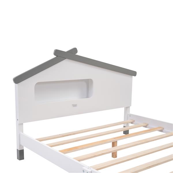 Full Size Wood Platform Bed with House-shaped Headboard and Motion Activated Night Lights (White+Gray)