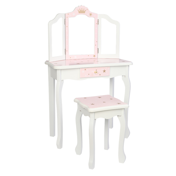 Wooden Toy Children's Dressing Table Three Foldable Mirror/Chair/Single Drawer Pink Star Style