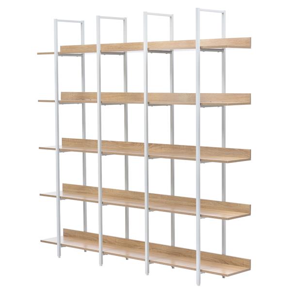 5 Tier Bookcase Home Office Open Bookshelf, Vintage Industrial Style Shelf, MDF Board, White Metal Frame, Oak