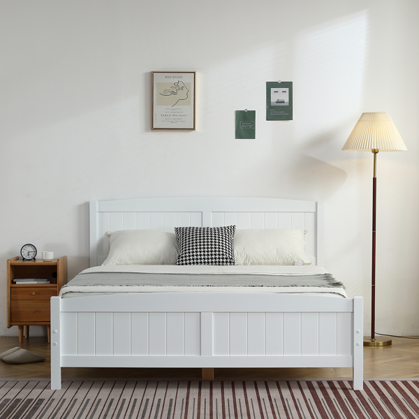 【Old Code：80966930】 Queen Pine Single-Layer Core Vertical Stripe Full-Board Curved Headboard With The Same Bed Tail Wooden Bed White