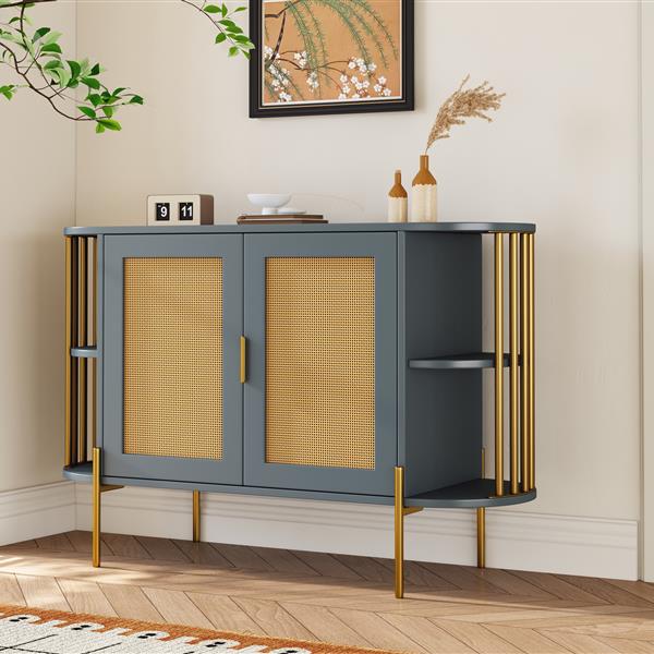 2-Door Elegant Curved Dining Cabinet with Gold Trim and Woven Rattan Doors for Dining Room (Dark Gray)