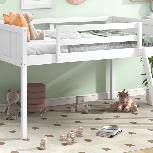 Twin Size Wood Low Loft Bed with Ladder, ladder can be placed on the left or right, White