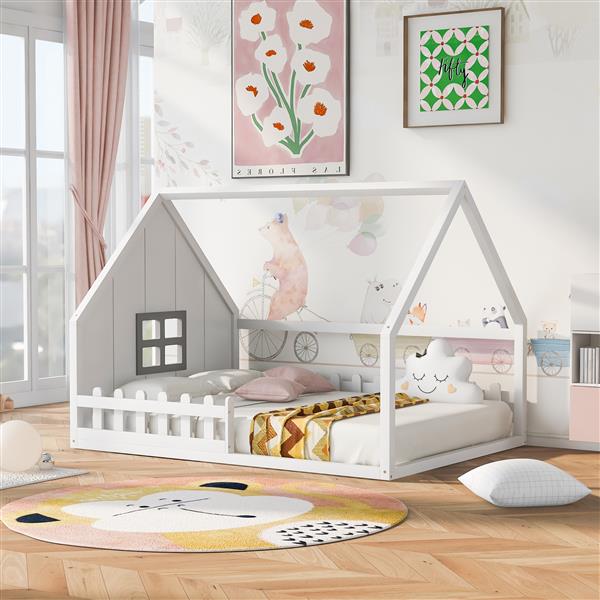 Full Size Wood House Bed with Window and Fence, White