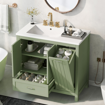 36\\" Bathroom Vanity with Sink, One Cabinet with Two doors and One Big Drawer and One Flip Drawer, Solid Wood and MDF Board, Green 