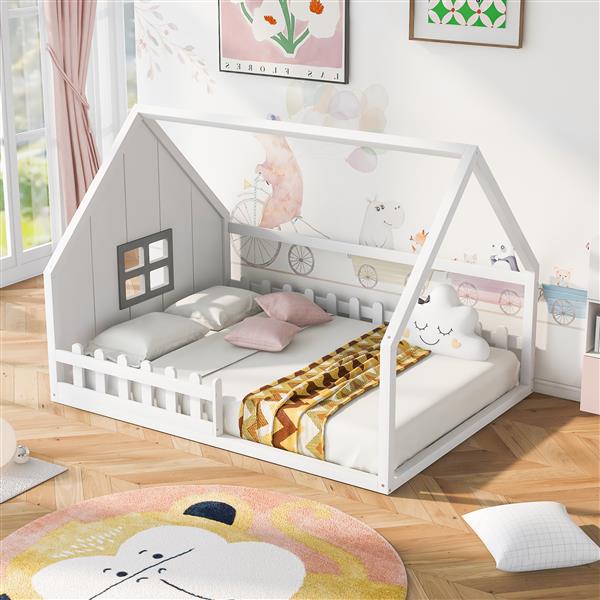 Full Size Wood House Bed with Window and Fence, White