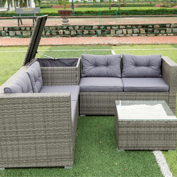 4 Piece Patio Sectional Wicker Rattan Outdoor Furniture Sofa Set with Storage Box Grey