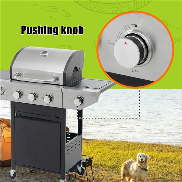 Propane Grill 3 Burner Barbecue Grill Stainless Steel Gas Grill with Side Burner and Thermometer for Outdoor BBQ, Camping