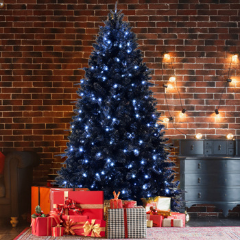 7.5ft Pre-Lit Black Christmas Tree, Full Halloween Xmas Artificial Tree 2156 Branch Tips, 500 Lights, Metal Hinges, Foldable Base, Holiday Decoration - Black 