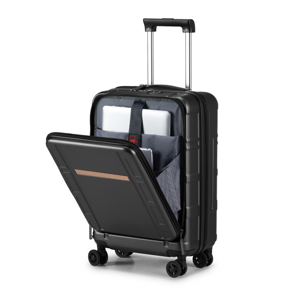 Carry on Luggage 22 X 14 X 9 Airline Approved, ABS+PC 20 Inch Luggage with Front Compartment, Double Spinner Wheels, TSA Lock，Black Color