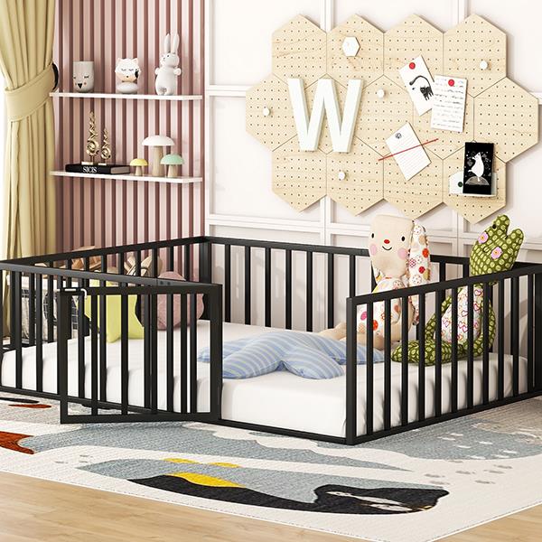 Full Size Metal Floor Bed Frame with Fence and Door, Black