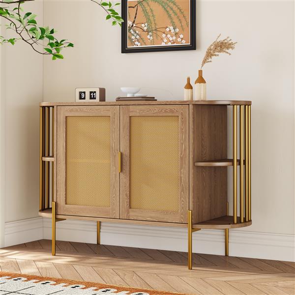 2-Door Elegant Curved Dining Cabinet with Gold Trim and Woven Rattan Doors for Dining Room (Natural)