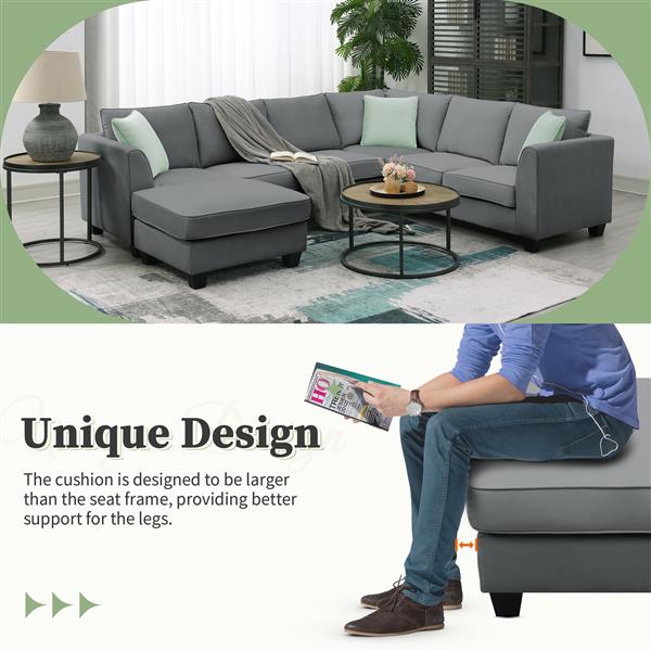 [VIDEO provided] 112*87" Sectional Sofa Couches Living Room Sets, 7 Seats Modular Sectional Sofa with Ottoman, L Shape Fabric Sofa Corner Couch Set with 3 Pillows, Grey