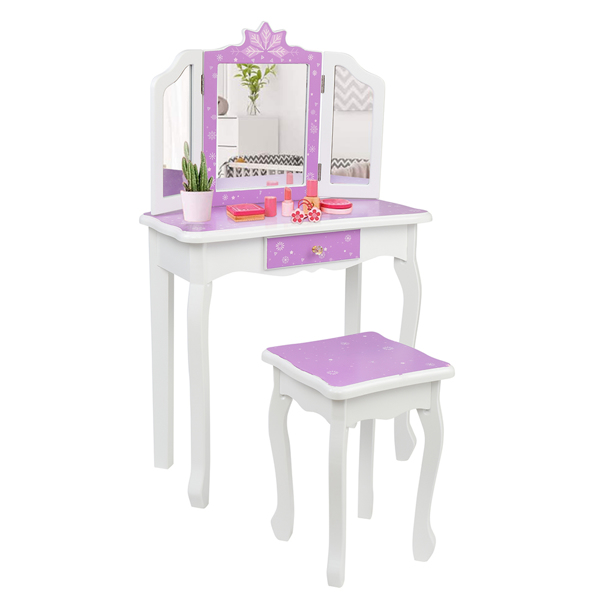 Children's Wooden Dressing Table Three-Sided Folding Mirror Dressing Table  Chair Single Drawer Purple   Snowflake Style