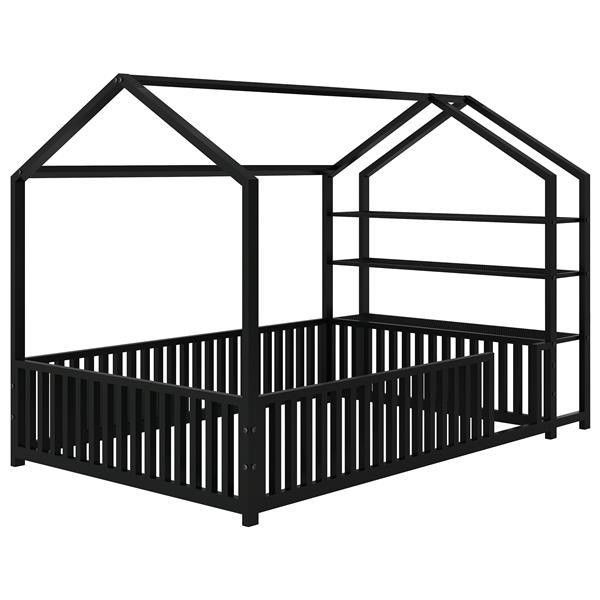 Full Size Metal House Bed with Fence and Detachable Storage Shelves, Black