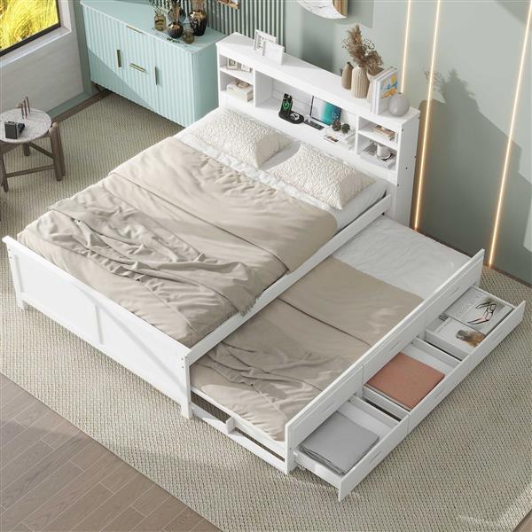 Full Size Platform Bed with Storage Headboard, USB, Twin Size Trundle and 3 Drawers, White