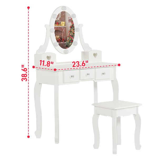 FCH Kids Vanity Set with Mirror and Lights and Stool, 5 Storage Drawers, Pretend Play Princess Makeup Desk Dressing Table and Stool Set for Little Girls Age 3+, Macaroon White