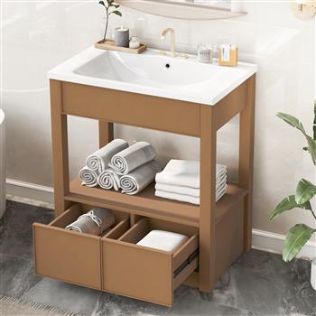 30\\" Bathroom Vanity with Sink Top, Bathroom Cabinet with Open Storage Shelf and Two Drawers, Brown