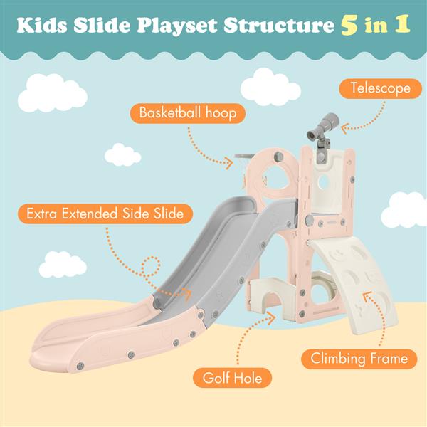 Kids Slide Playset Structure 5 in 1,   Spaceship Set with Slide, Telescope and Basketball Hoop, Golf Holes for Toddlers, Kids Climbers Playground