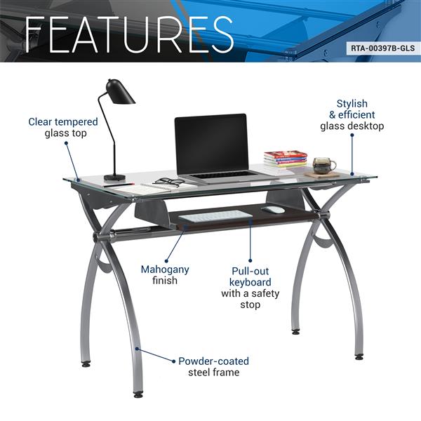 Clear Glass Top Computer Desk with Pull Out Keyboard Panel, Clear