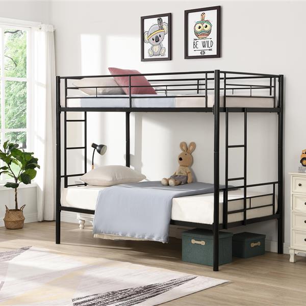 Bunk Bed Twin Over Twin Size with 2 Ladders and Full-Length Guardrail, Metal, Storage Space, No Box Spring Needed, Noise Free, Black