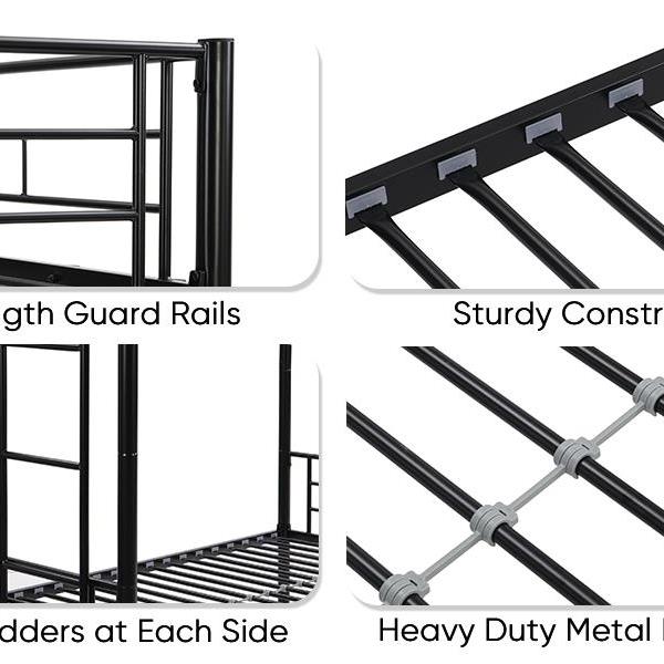 Bunk Bed Twin Over Twin Size with 2 Ladders and Full-Length Guardrail, Metal, Storage Space, No Box Spring Needed, Noise Free, Black