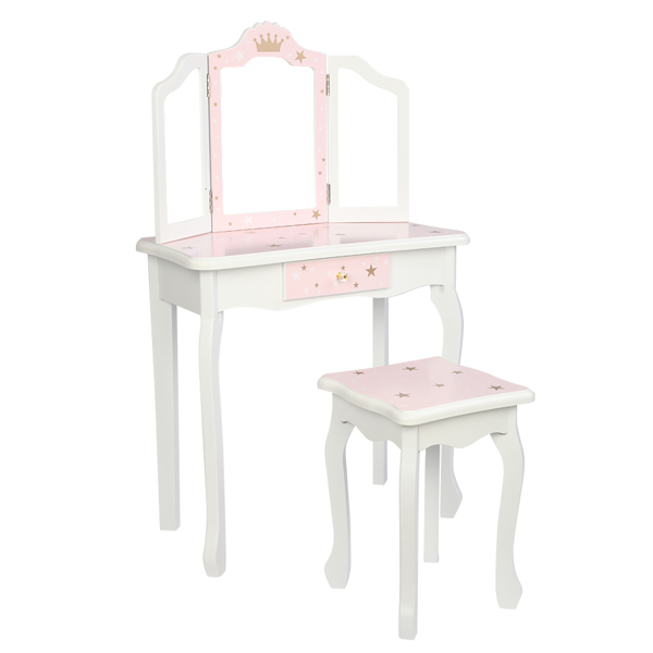 Wooden Toy Children's Dressing Table Three Foldable Mirror/Chair/Single Drawer Pink Star Style